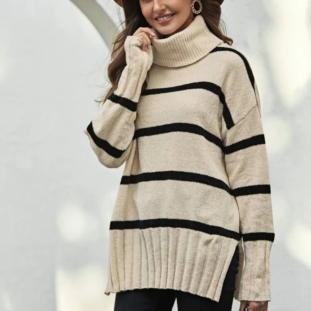 Chenille Striped Turtleneck Sweater